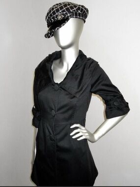 vintage french cache cache black mini trench, buttoned sleeves